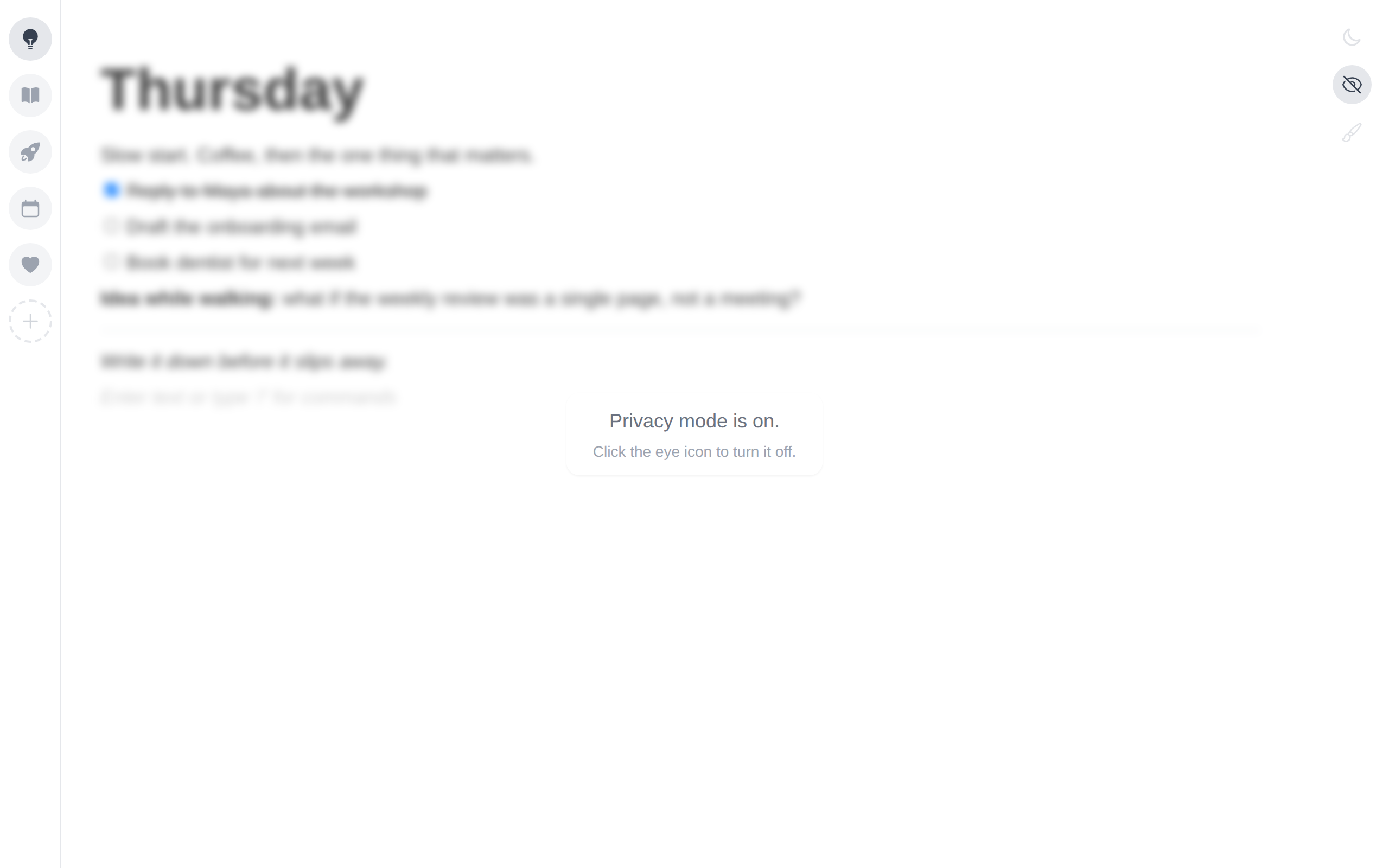 A blurred note with a message saying privacy mode is on