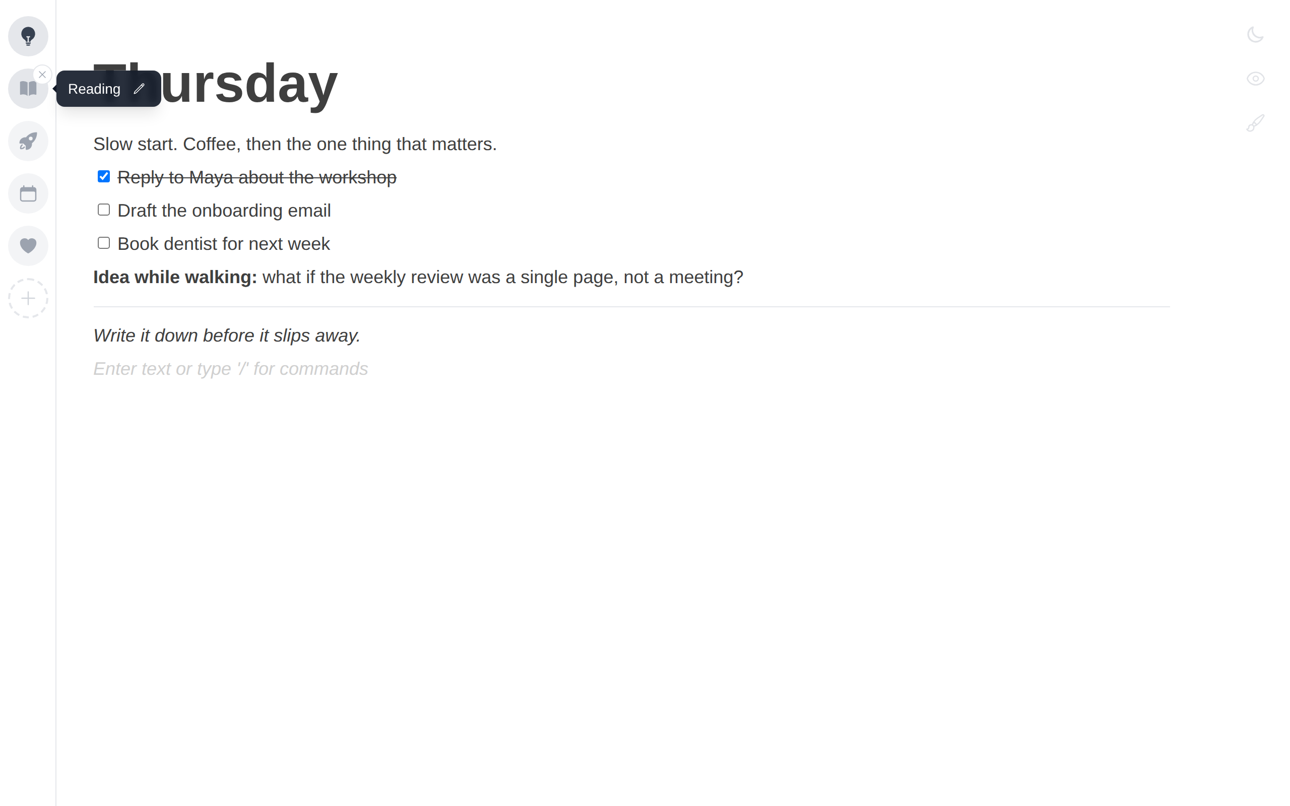 The note sidebar with an icon for each note and a rename tooltip reading Reading